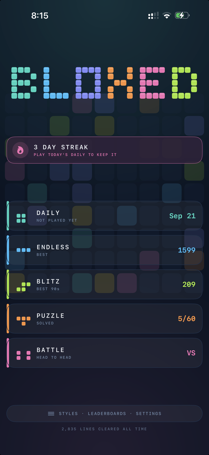 The Bloxed home screen, showing a four day streak and the five game modes